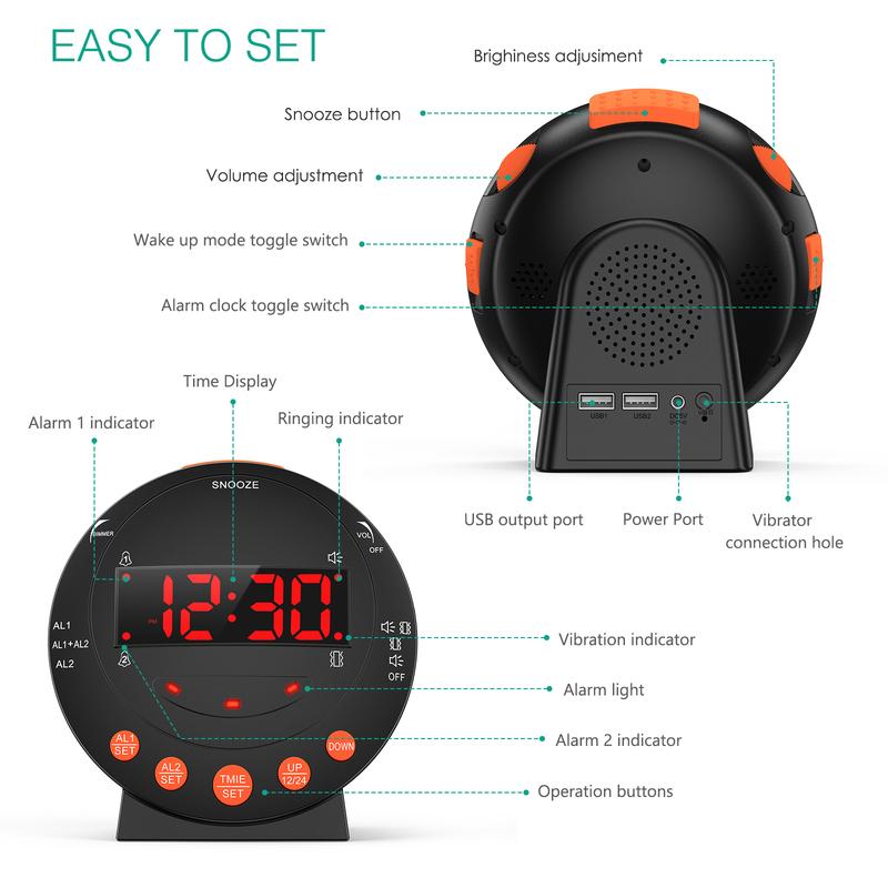 ORIA Loud Alarm Clock with Bed Shaker Vibrating Alarm Clock with Adjustable Dimmer for Heavy Sleeper Deaf Hard of Hearing