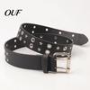 Streetwear Decorative Belt 105cm Studded Punk for Women, Faux Leather Grommet Waist with Double Prong Buckle, Edgy Jean Accessory Music Festival
