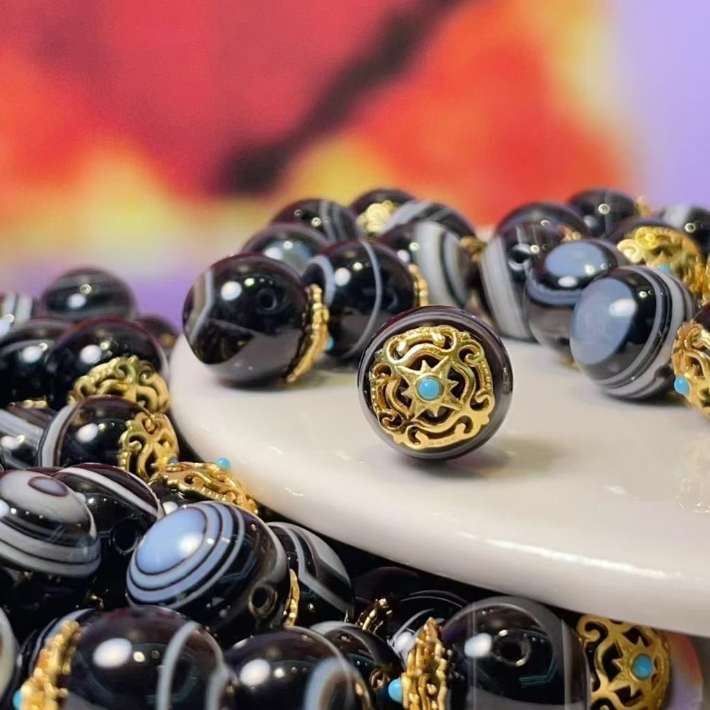 5 шт., Тибетские бусины Дзи, Позолоченный резной декор с инкрустацией драгоценными камнями, Этнический стиль DIY браслет ожерелье ювелирное изделие, Разделительные бусины 12×14мм