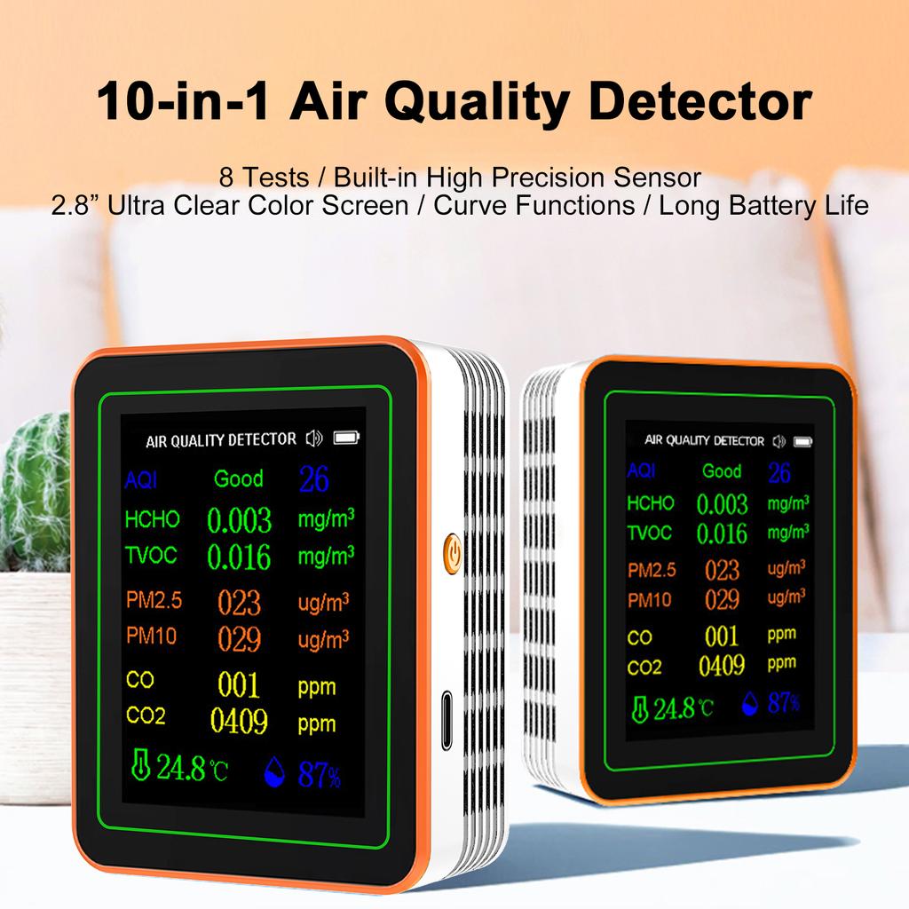 10 в 1 монитор качества воздуха PM2.5 PM10 CO CO2 TVOC HCHO AQI Температура Влажность и просмотр кривой