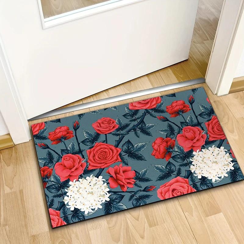 Rose Printed Door Mat Bedroom Bedside Carpet Anti Slip Balcony Bathroom Absorbent Footpad Flannel Decor Rug for Home Living Room