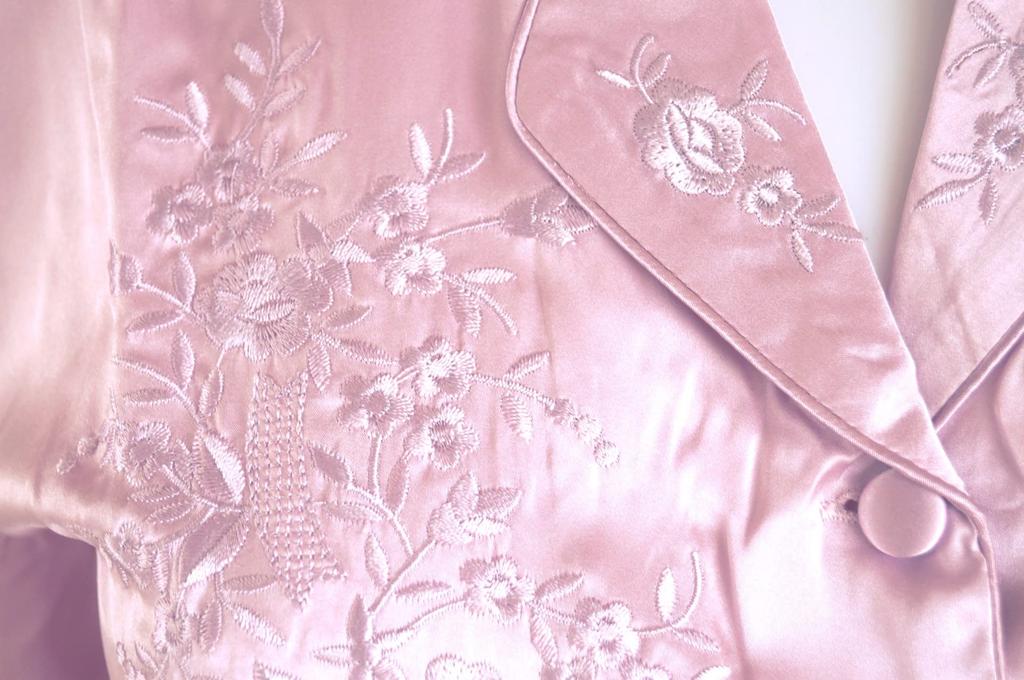 Silk Floral Long Open Top and Bottom Natural Pink 100% Women's Pajamas, Nightwear, Loungewear, Embroidered, Sleeves, Front, Set, Materials, (L)