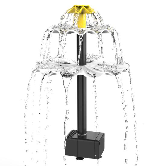 Solar Fountain Pump Glass Panel Bird Bath Water Pump with Stakes 3 Nozzles Double-Sided Filtration Water Level Detection Water Pump