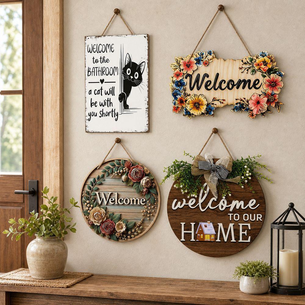 Warm Home Round Doorplate Retro Style Hanging Wooden Board New Wall Sign Front Door Decor