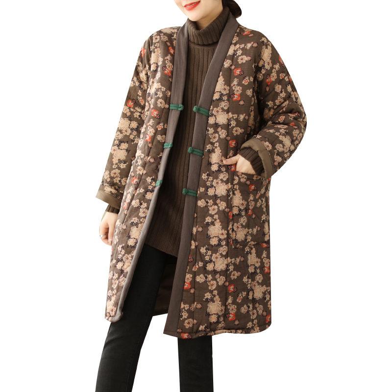 Ethnic Retro Plate Button Floral Cotton Coat For Women Autumn Winter Loose Large Size Medium Length Padded Jacket Tunic T1464