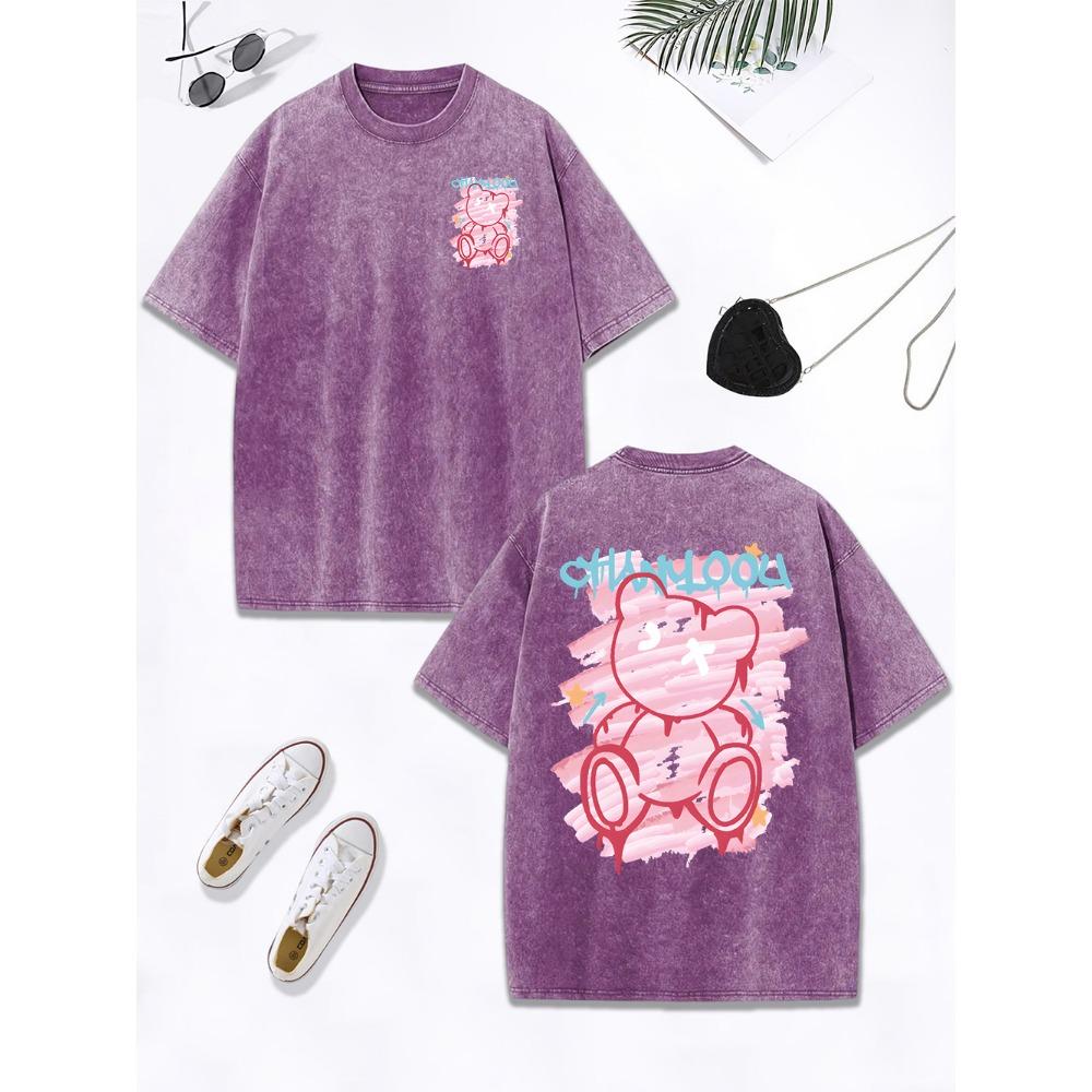 Graffiti Toy Cartoon Bear Prints Washed T-Shirt Women Cotton Oversize Tops Comfortable Distressed O-Neck T Shirt Clothes