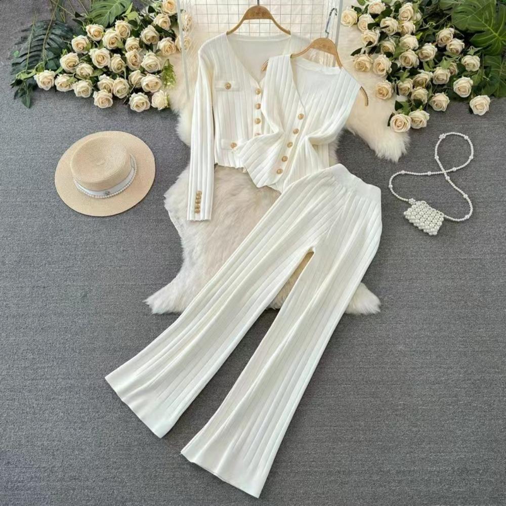 Модный весенний костюм тонкой вязки женский с длинным рукавом, V-образным вырезом, однобортный, вязаный жакет, жилет-тройка, брюки с высокой талией, прямые, широкие от бедра