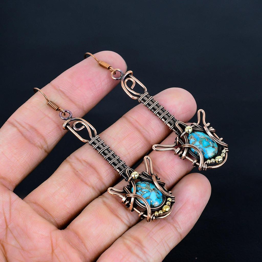 Серьги из голубой медной бирюзы ручной работы, обернутые медной проволокой 999 пробы, антикварные украшения, для подарка на помолвку