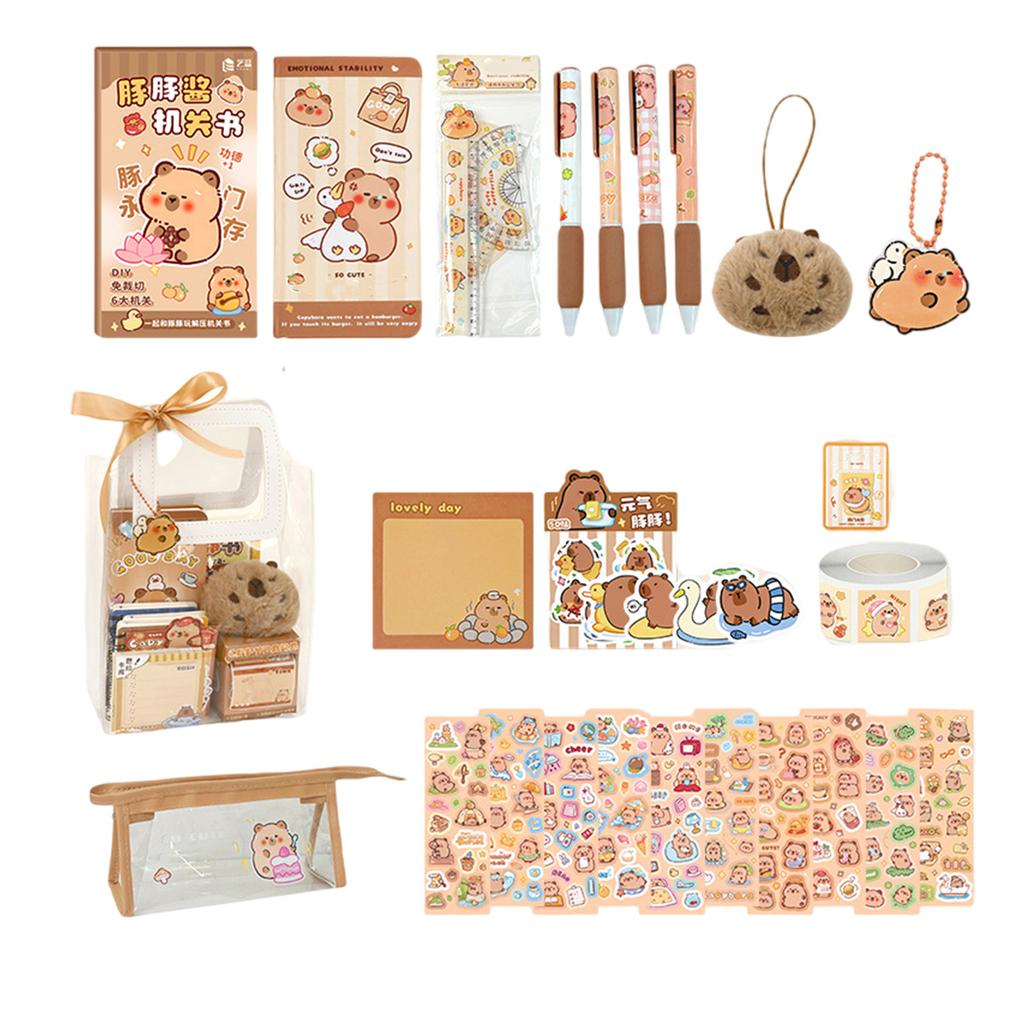 Канцелярские принадлежности для школы и студенчества включают в себя блокнот, бумагу для заметок, шариковую ручку, закладки, пенал, наклейку, линейку, брелок