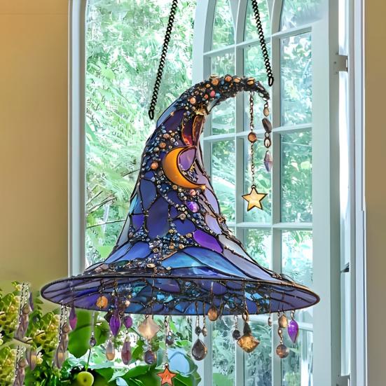 Halloween Witch Hat Hanging Decoration Stained Glass 2D Flat Acrylic