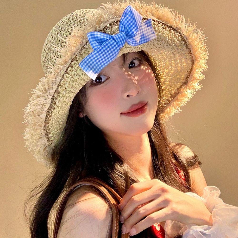 Sweet Woman's Straw Hat Elegant Lace Brim Sunshade Cap Vacation Big Bowknot Sun Hat  Girls