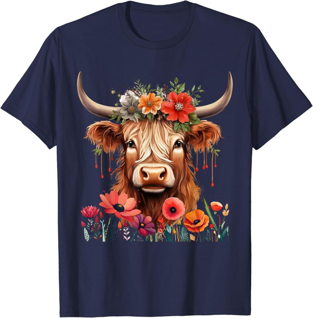Cute Animal Cow Baby Highland Cow with Flowers Calf Women T-Shirt
