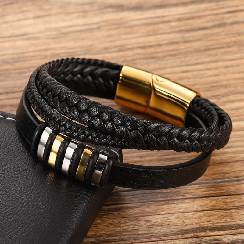 Fashion Classic Black Leather Braided Magnetic Buckle Bracelets for Men's Trendy Charm Casual Party Jewelry Gift