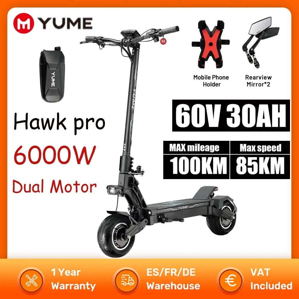 Электрический скутер YUME HAWK Pro, бескамерные дорожные шины 10x4,5 дюйма, двигатель 3000 Вт*2, аккумулятор 60 В 30 Ач, максимальная скорость 50 миль/ч, максимальный запас хода 60 миль