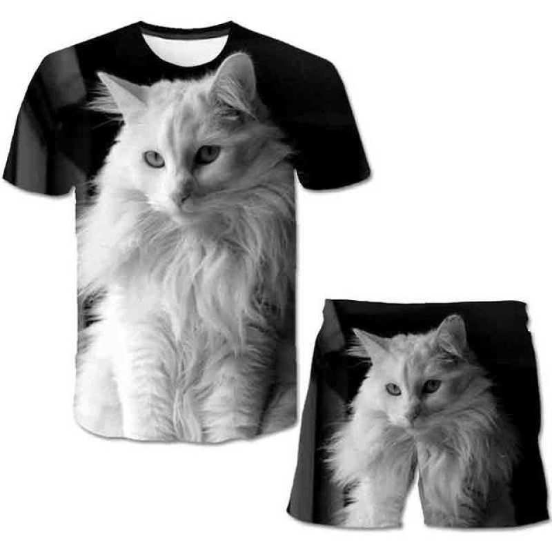 Повседневный комплект с принтом кота для девочек, летние модные шорты с короткими рукавами и принтом в виде мультфильма, комплекты одежды для девочек с 3D-принтом