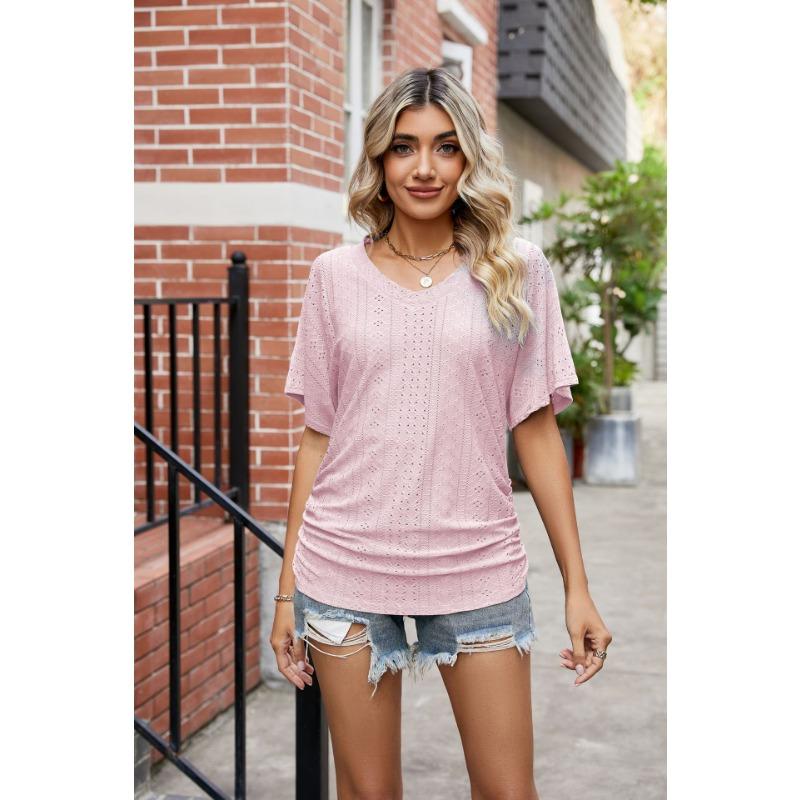 Summer Women's T-shirt with Hollowed Out V-neck Pleated Casual Top