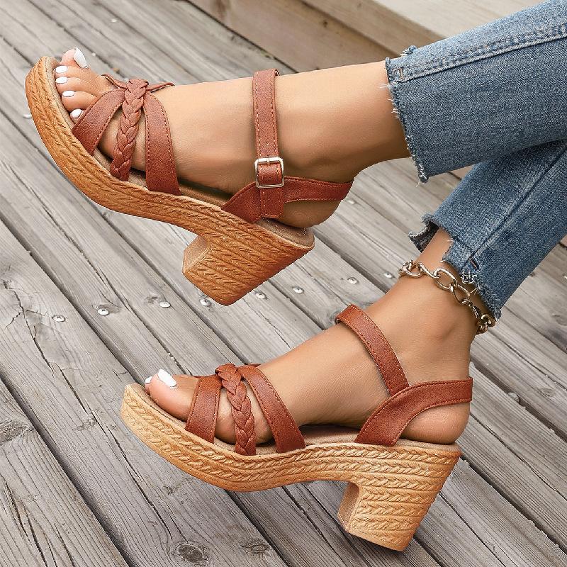 Mujer Weaving Cross Band Chunky Heeled Sandles Ankle Strap High Heels Sandals for Women 2024 Summer Platform Gladiator Sandalias