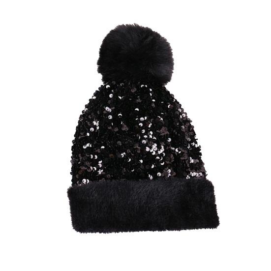 Женская вязаная шапка с плюшевым помпоном, украшенная блестящими пайетками, шапка без полей, зимняя теплая пушистая панама, головной убор