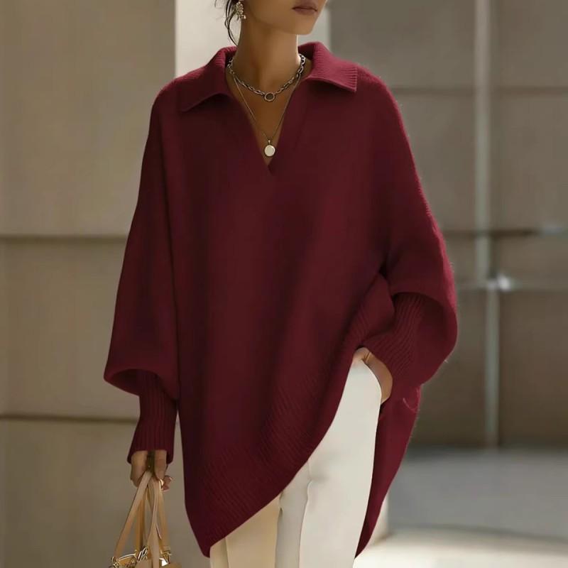 Womens Solid Color Long Sleeve Turn-Down Collar Sweater Loose Fit Casual Knit Top