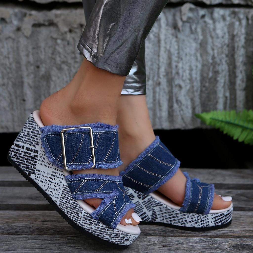 Women's Shoes Casual Fashion Vacation Daily Wear Summer Newspaper Buckle Cowboy Wedge Slippers Sandals
