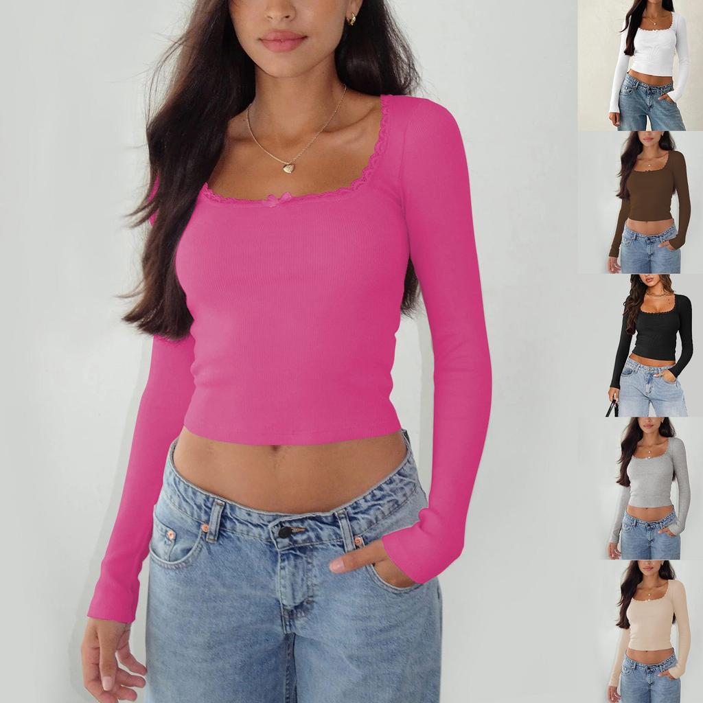 Women's Long Sleeve Lace Square Neck T-Shirt Slim Fit Knitted Bottoming Top
