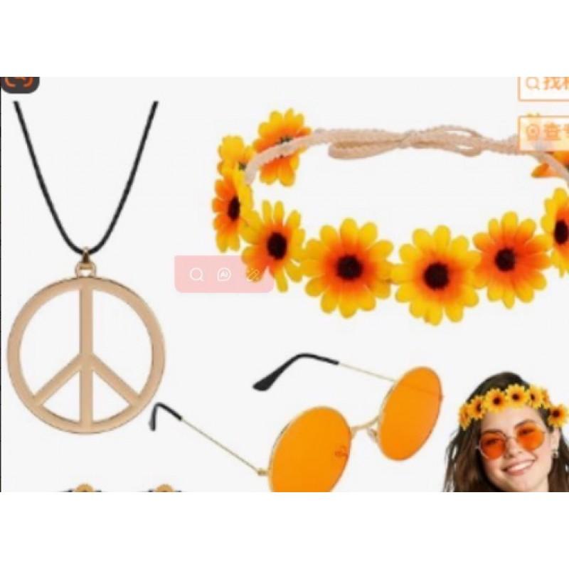 Hippie Peace Sign Costume Set Halloween Party Colorful Earrings Necklace Adult Cosplay Accessories