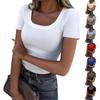 Ladies Summer Fashion Casual Solid Color Square Neck Short Sleeve Slim Ribbed Top