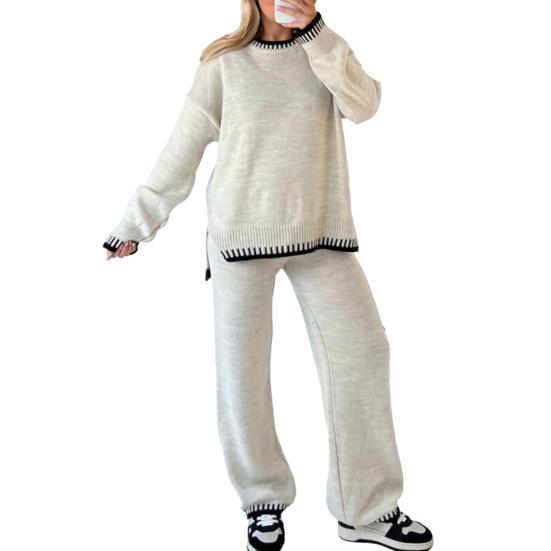 Women Striped Knit Sweater Wide Leg Pants Set Split Pullover Tops Elastic High Waist Straight Pants Two Piece Set Lounge Wear