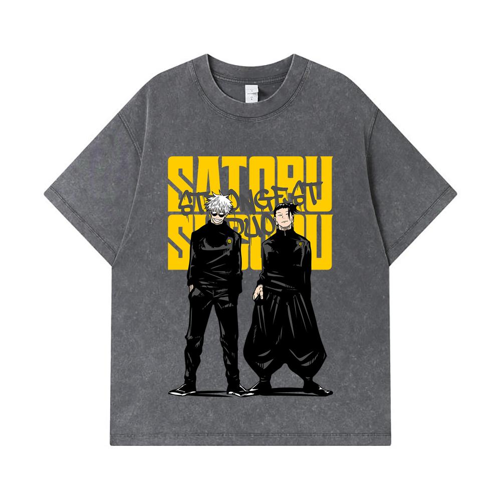 275 GSM Washed T-shirts 100% Cotton Jujutsu Kaisen V44 Gojo Geto Print Unisex Heavy Cotton T Shirt