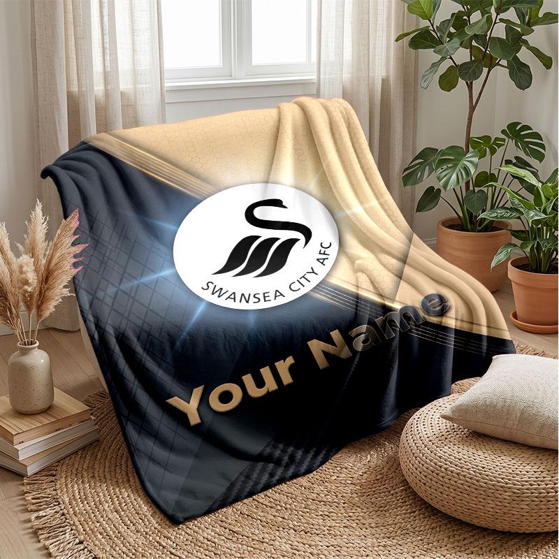 Swansea City FC Custom Name Text Flannel Blanket Soccer Logo Personalized Fleece Throw Blanket Special Gift For Sofa Bedroom Home