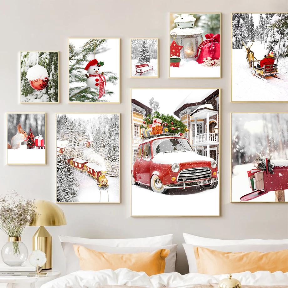 Зимний снежный пейзаж, картина на холсте, настенная живопись, сосновый красный автомобиль, золотой поезд, постер и принт для дома, Рождественский подарок, Декор