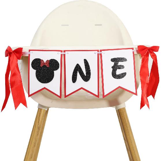 Mouse One High Chair Banner - Mouse First/1st Birthday Decorations,Pink And Gold Banner, Bow Girl 1st Pink Decor (mouse-1)