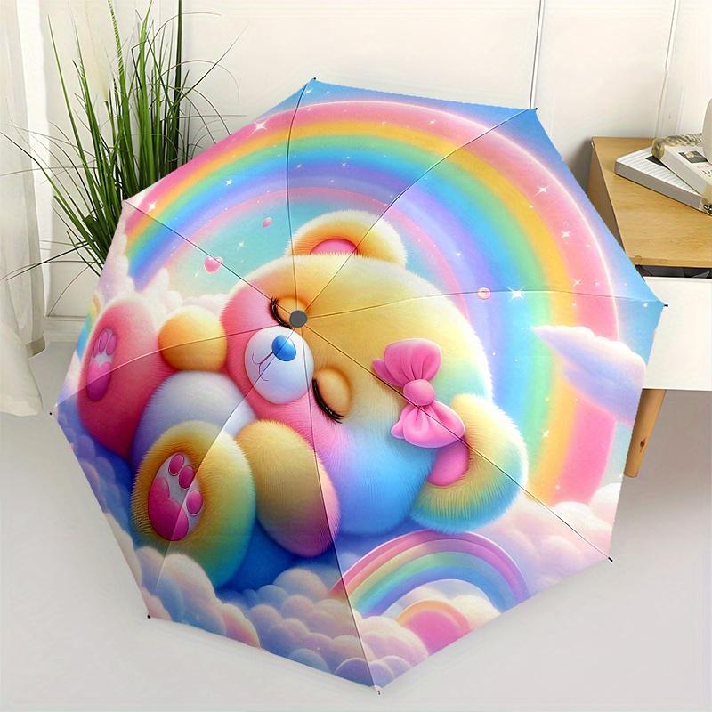 Teddy Bear,Rainbow Automatic Folding Umbrella 8 Ribs Lightweight Design, Durable Iron Frame, Compact and Portable, Ideal Birthday or Christ
