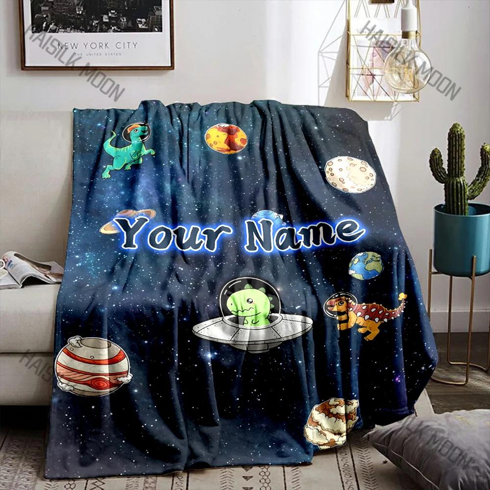 Space-Dinosaur Adventure Printed Blanket Can Be Custom with Name, Soft and Warm, Suitable for Home Office Camping Travel Blanket
