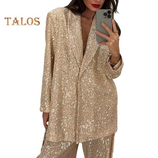Женская рубашка с пайетками, брюки, лацкан, V-образный вырез, мешковатое пальто с длинным рукавом и средней длиной, широкие брюки большого размера для вечеринок, клубных нарядов знаменитостей