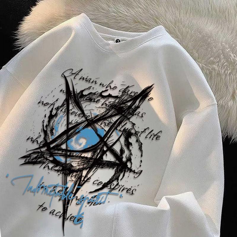 Unisex Oversized Streetwear Hoodie With Star Eye Print Thick Fleece-Lined Cotton Blend Fall Winter Casual Sweatshirt
