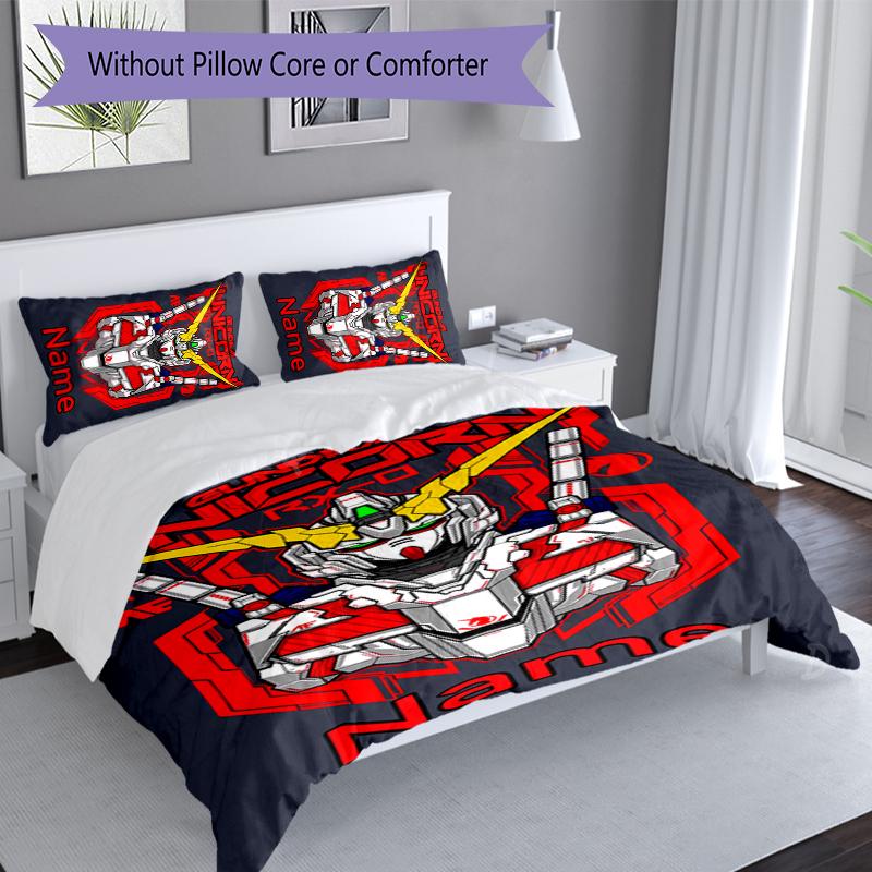 3pcs Custom Name Mobile Suit Gundam Set,Includes 1 Duvet Cover and 2 Pillowcases,All-season Bedroom Decor