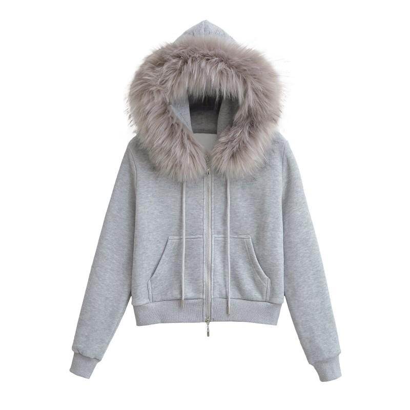 Womens Faux Fur Hooded Sweatshirt Jacket Double Zip Warm Winter Fall Streetwear