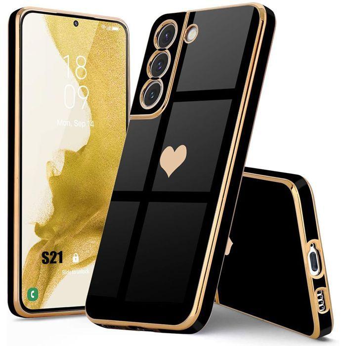 Защитный чехол - BOOLING - Samsung Galaxy S21 - Черный силикон - Узор Золотое Сердце - Ударопрочный