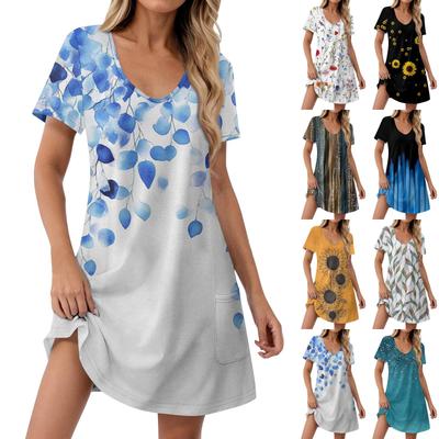 Женские модные повседневные платья с карманами и принтом в богемном стиле, пляжные платья с v-образным вырезом и короткими рукавами