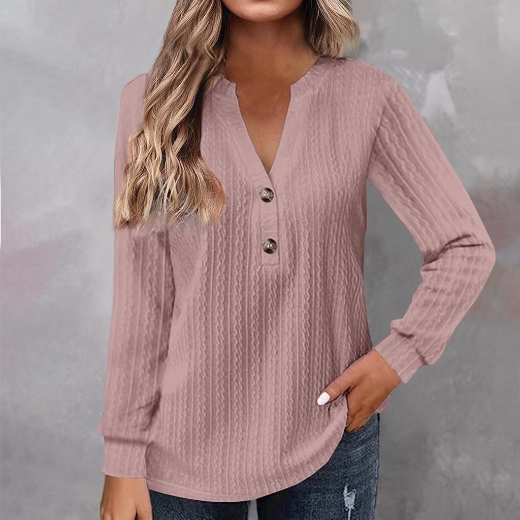 Women's Fashion Long Sleeve Solid Colour V-Neck Button T-Shirt Printed Casual Top