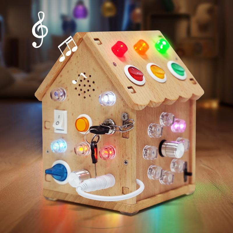 Wooden Led Light Sound And Light Busy House Mechanism Unlocking Power Switch Children'S Montessori Early Education Educational Toys