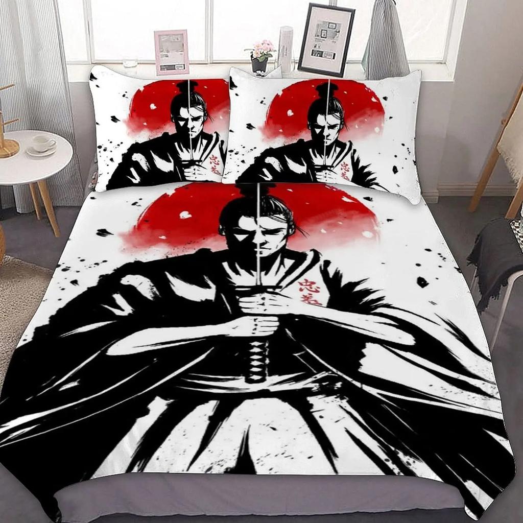 Samurai Duvet Cover Set Sunset Japanese Samurai Quilt Cover Scenery Silhouette Comforter Cover King Size 23pcs Twin Bedding Set