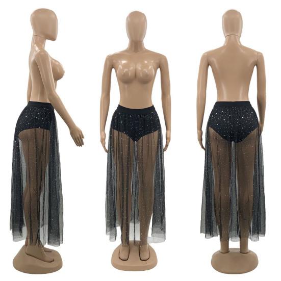 Сексуальная юбка с перспективой Эластичная юбка с высокой талией Плиссированная кружевная юбка из сетчатой пряжи Декор из блестящих страз Макси