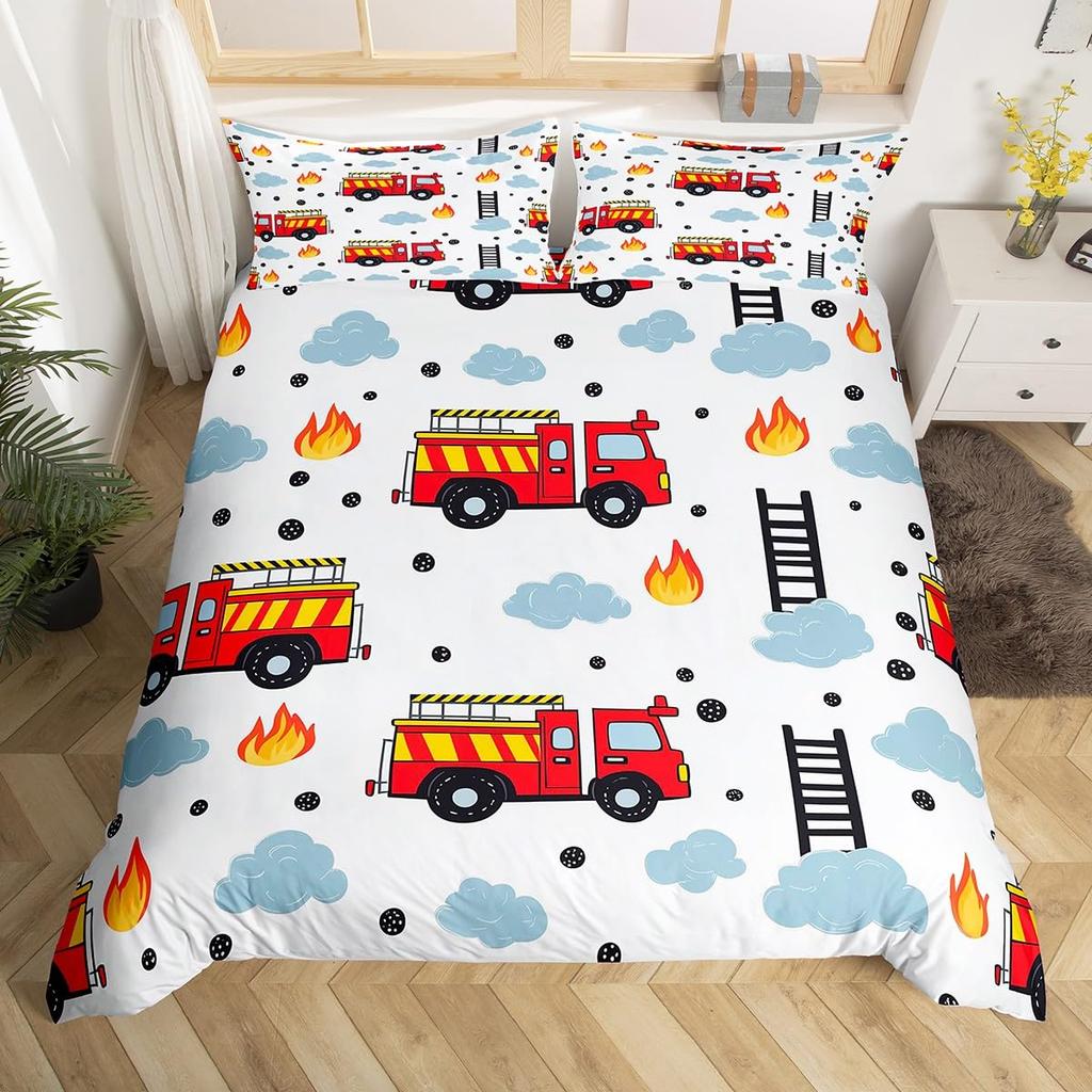 Fire Truck Bedding SetBurning Flames Duvet Cover for Kids Fire Engine Comforter Cover Red Truck Quilt Cover with 2 Pillowcases