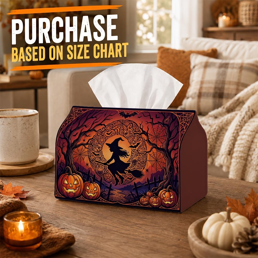 1pc Mystical Gothic Halloween Tissue Box - Flying Witch Broom Pumpkin Forest Napkin Storage Box, Fits Rolls, Facial Tissues And Single Sheets, Multi-F