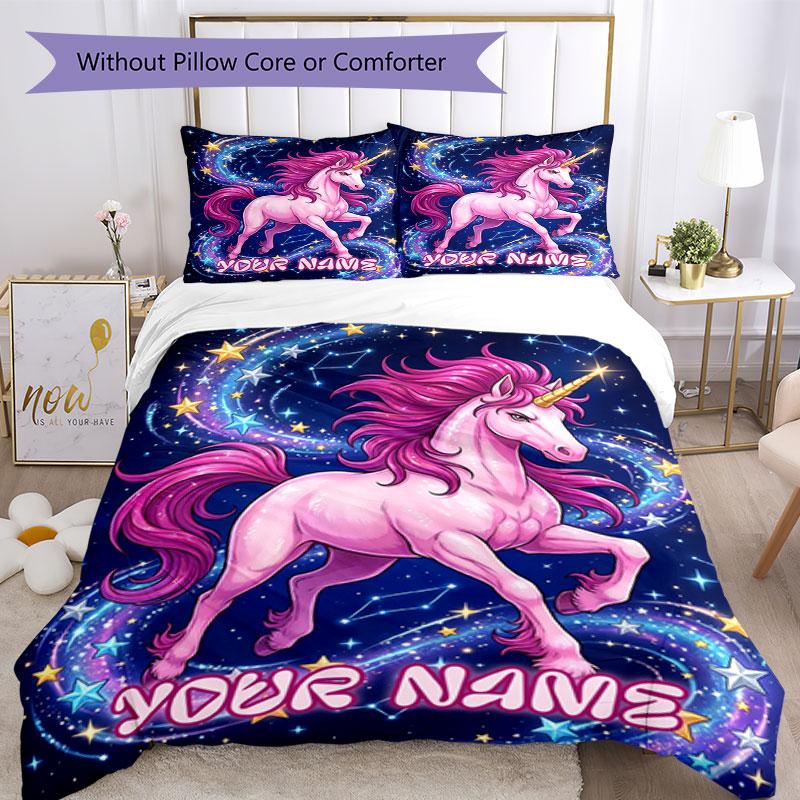3pcs Custom Name Magical Unicorn Dreams Bedding Set Printed Bedding Set Duvet Cover Closure Includes 1 Duvet Cover & 2 Pillowcases Bedroom Decor