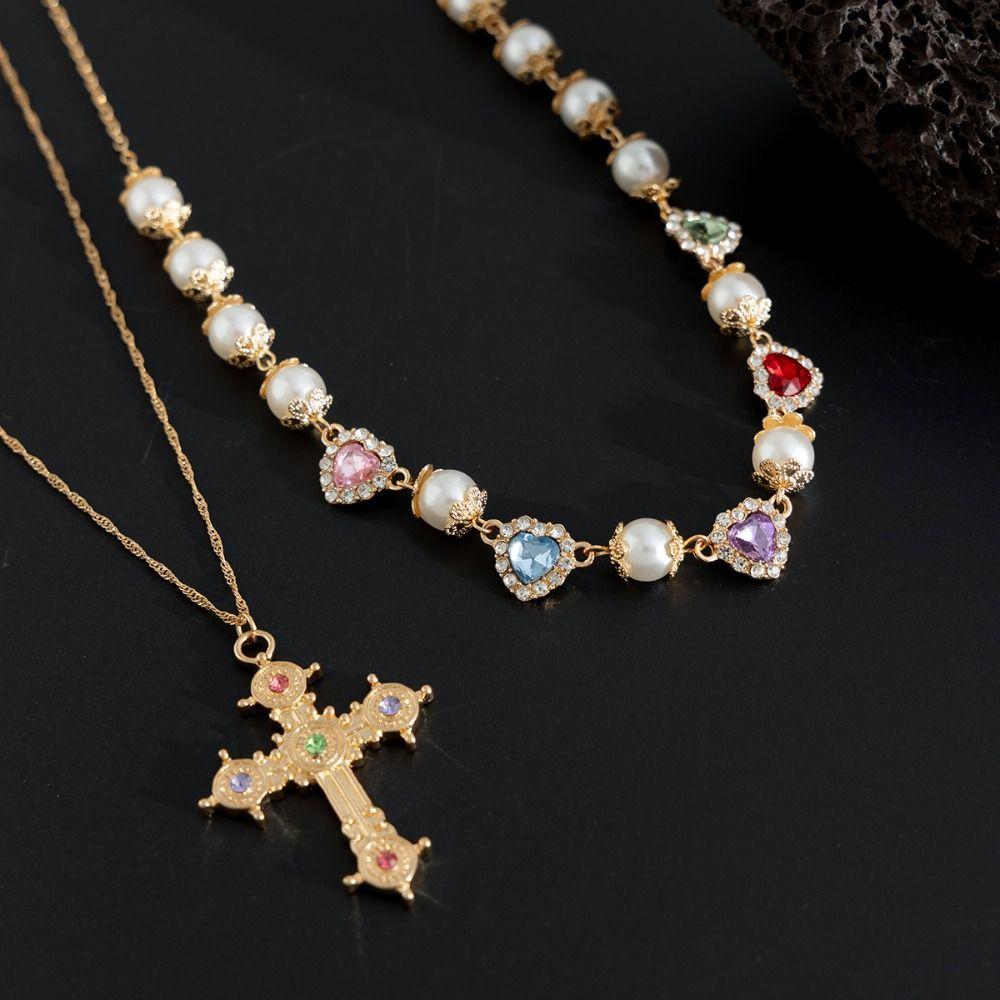 Pearl Men Necklace Heart Rhinestone Necklace Personality Cross Pendant Necklace  Women