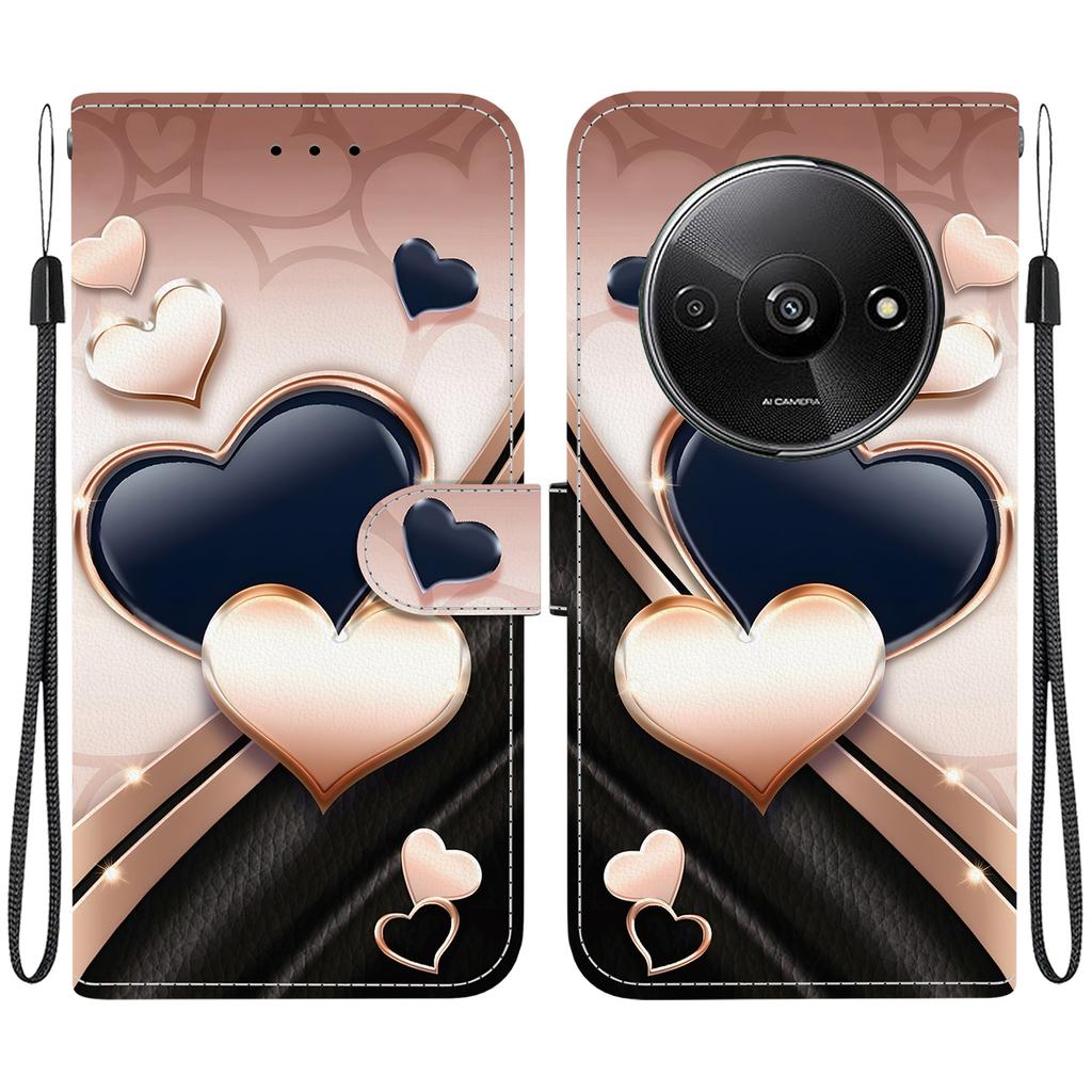 Handmade PU Leather Flip Case for Xiaomi Redmi A3 Anti-Slip Shockproof Cover with Wrist Strap & Heart/Rose Cat Designs