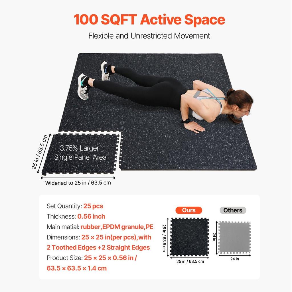 0.56" Thick Gym Floor Mats 25 Tiles Rubber Top with EVA Foam Black & White